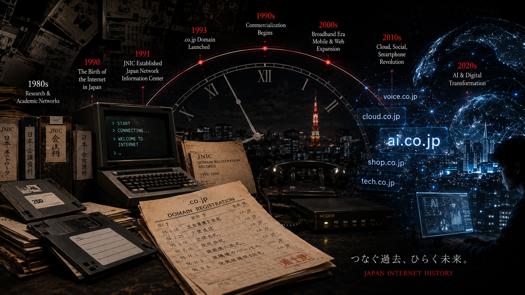日本のインターネット史とドメイン名の年表を象徴する画像